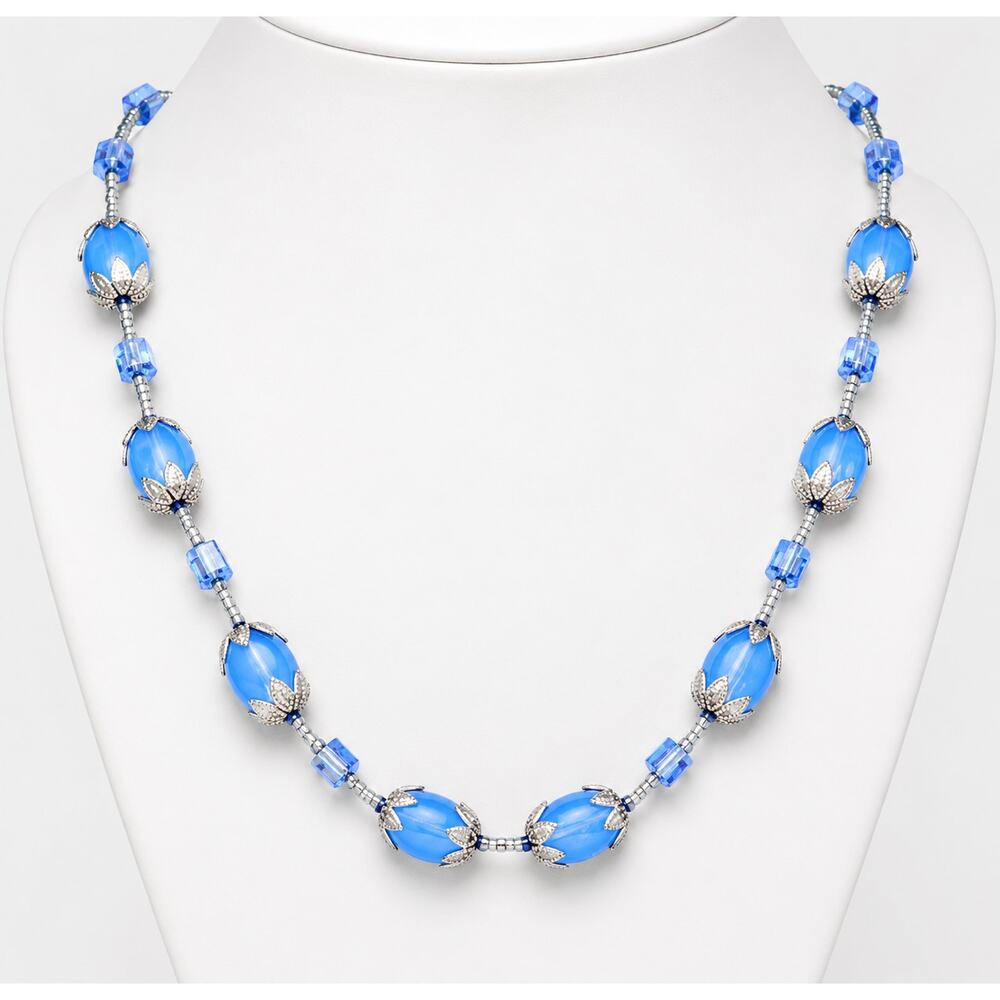 Vintage Milky Blue Necklace ‎ Lucite Beaded Silver Tone Filigree 20" blu02-57